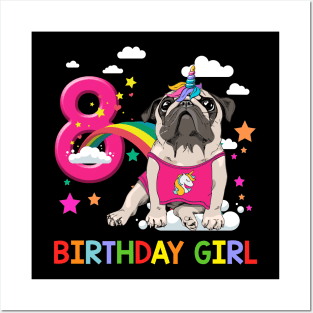 Pug Birthday - 8 Years Old Unicorn Pugicorn Party Posters and Art